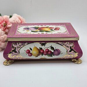 Vintage Metal Fricke & Nacke Tin Fruit Vanity Trinket Box Footed West Germany